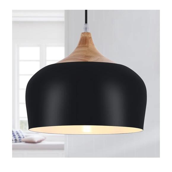 Modern Wood Dome Pendant Light – 12" Black Metal + Solid Wood, Adjustable Length - Picture 2 of 6
